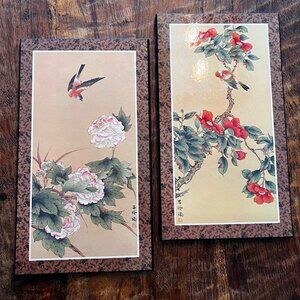 Set of 2 Vintage Japanese Floral & Bird Prints On Decorative Boards